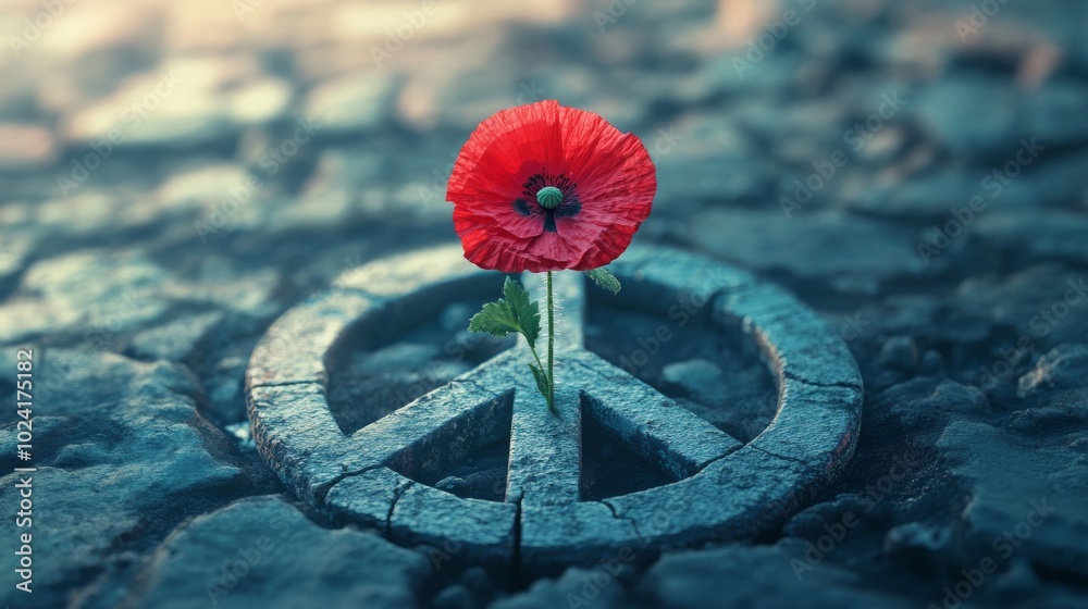 Sticker Artistic depiction of a red poppy flower growing from a broken peace symbol, representing honor and renewal.