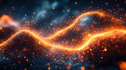 Abstract glowing wave of particles, with blue and orange hues on a black background.