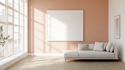 A modern living room featuring stylish white sofa against warm peach wall, illuminated by natural light streaming through large windows. space is minimalistic and inviting, perfect for relaxation