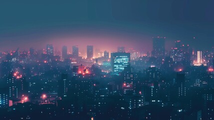 Obraz premium A city skyline at night with a hazy, smoggy atmosphere