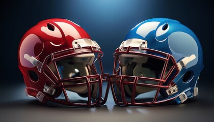 Fototapeta premium Two football helmets, one red and one blue, facing each other under dramatic lighting, representing competition and team spirit.