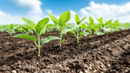 Young Soybean Plants Growing in Field   Sustainable Agriculture  Farmland  Crop Production