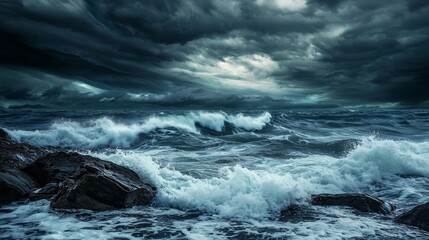 Fototapeta premium Tempestuous Sea with Towering Waves and Dark Skies