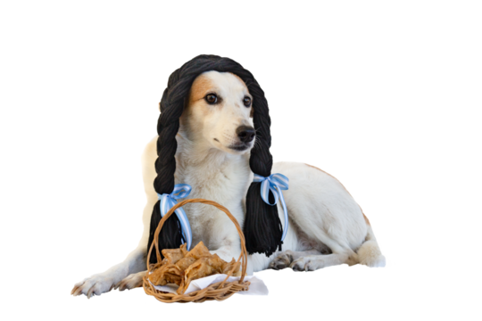 dog dressed with black braids and Argentine ribbons