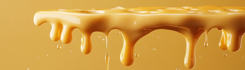 Creamy cheese drip hanging from above with small drizzle against a minimalist golden background