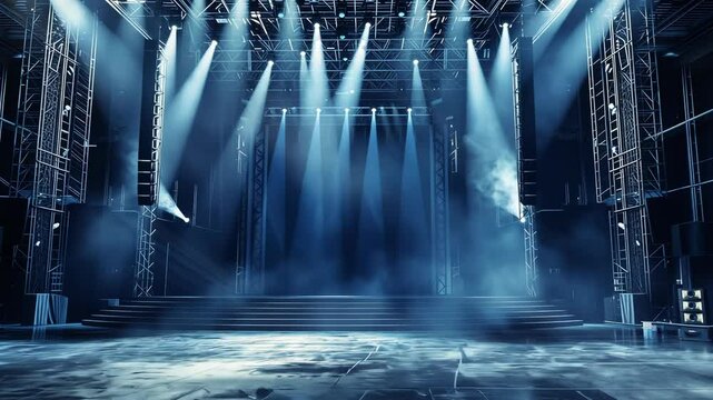 A stage with bright lights and a haze of fog is ready for a performance