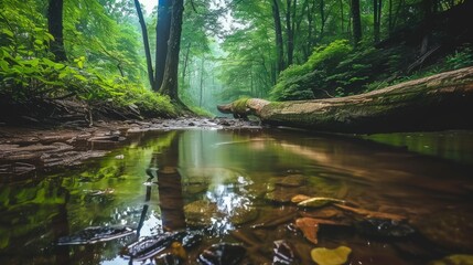 Obraz premium Tranquil Forest Stream With Fallen Log