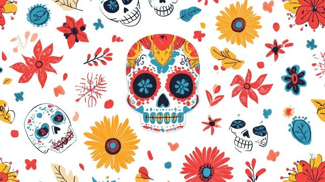 Bright and colorful Dia de Muertos motifs presented on a simple white background.