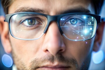 Man with augmented reality display in smart glasses future of artificial intelligence