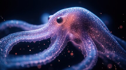 A glowing, translucent octopus with eight tentacles and large, black eyes against a dark background.