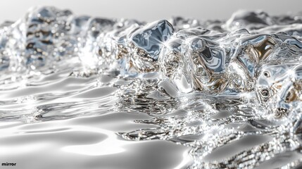 Abstract close-up of a silver, metallic liquid, with light reflecting off its surface.