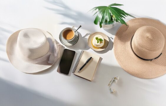 A flatlay with a white background featuring two hats, a cup of coffee, a phone, a notebook, a pen, a dessert and a potted plant. - Powered by Adobe