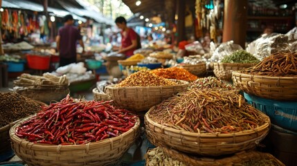Fototapeta premium A bustling spice market in Asia, with tables covered in baskets of dried chili peppers, lemongrass, and fragrant herbs, as shoppers browse the vibrant selection