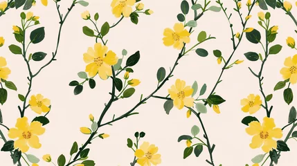 Gordijnen Seamless floral pattern with yellow flowers and green leaves on light background © Mutshino_Artwork