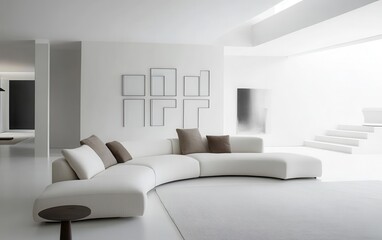 Wide-angle view of the modern living room, showcasing the curved loveseat sofa against a clean white wall with frames. 