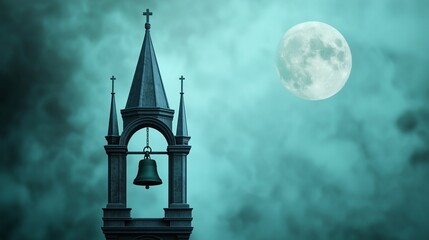 A gothic-style bell tower silhouette against a moody, moonlit sky with swirling clouds.
