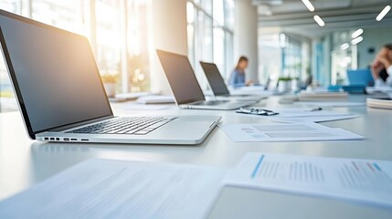Modern workspace with laptops and documents, illuminated by natural light.