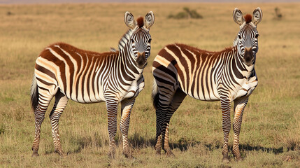 Naklejka premium Two Standing Zebras in Golden Grassland