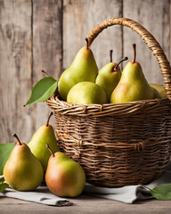 Ripe, appetizing pears overflowing in a basket, fresh and juicy pears in a rustic basket, vibrant green pears spilling from a woven basket, delicious pears in a harvest display, bountiful pear harvest
