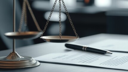 Scales of justice on a desk with a pen and documents in a law office setting.