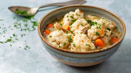 A bowl of savory chicken and dumplings on light blue background