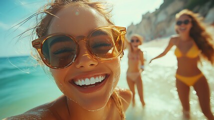 Friends enjoying a sunny day at the beach, smiling and playful.