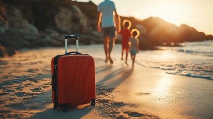 Family walking on beach with red suitcase at sunset.