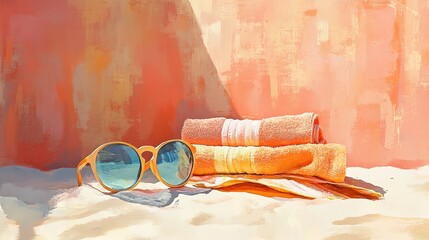 Sunglasses and towels on sandy beach with warm colors.