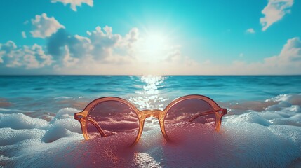 Sunglasses on beach with ocean waves under a bright sky.