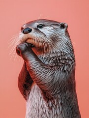Surreal Photography of a Playful Otter in a Dabbing Pose Against a Vivid Coral Background