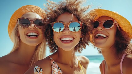 Three friends enjoying a sunny day at the beach, smiling joyfully.