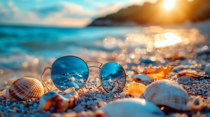 Sunglasses resting on sandy beach with seashells and sunlight.