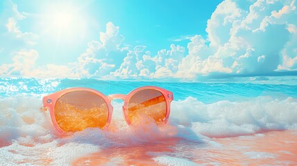 Sunglasses on beach, vibrant colors, waves splashing, sunny day
