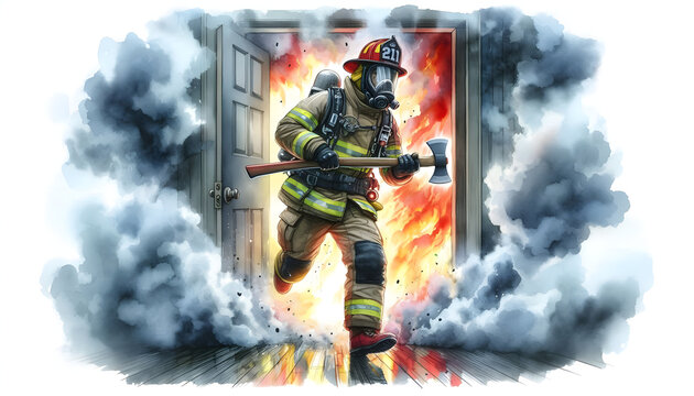 Watercolor illustration portrait of a A firefighter dashes through thick smoke, wielding an axe as they break through a door to rescue trapped civilians.