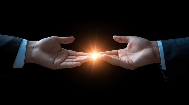 Two hands reaching out with light, symbolizing connection and collaboration.