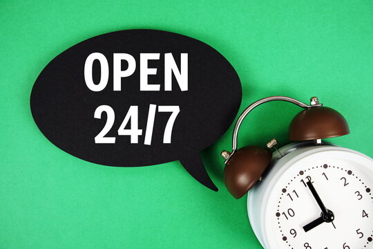 Open 24 Hrs, 7 Days text on speech bubble with alarm clock on green background - Powered by Adobe