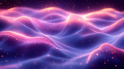 Abstract background with glowing pink and blue waves and sparkling particles.