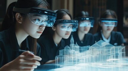 A group of Asian students wearing augmented reality glasses, interacting with 3D holograms of architectural designs, blending education and futuristic technology seamlessly