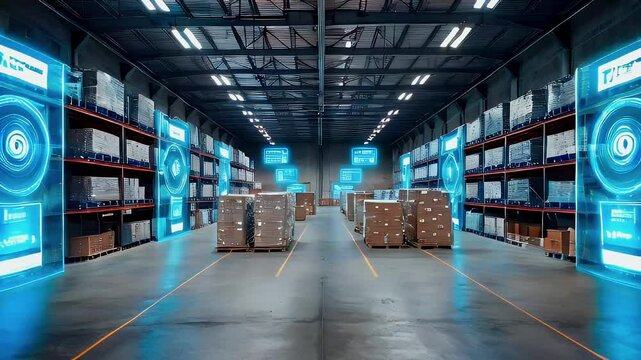 An empty warehouse with blue digital displays and boxes on pallets in a warehouse setting with concrete floor and yellow lines.