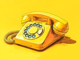 A classic yellow rotary dial telephone set against a vivid yellow background, detailed illustration of retro technology, capturing nostalgic mid-century charm