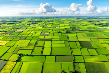 Fototapeta premium A vast, open field filled with a variety of green grass patches. The field stretches across the entire scene, showcasing the abundance of grass in the area