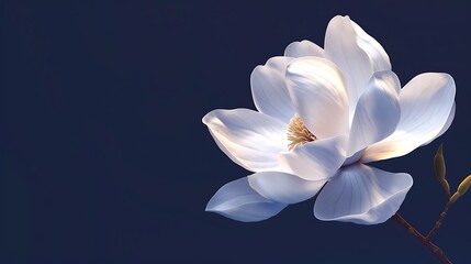 A delicate white magnolia flower isolated on a dark blue background.