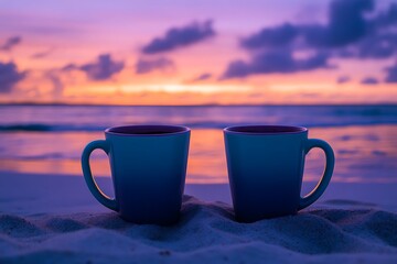 Two coffee mugs on the sandy beach during a colorful sunset, symbolizing relaxation, peaceful moments, and shared experiences in nature.