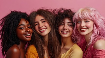 Obraz premium A Joyful Gathering of Diverse Women With Vibrant Hairstyles Against a Pink Backdrop Celebrating Beauty