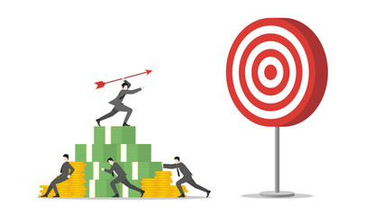 A businessman stands on money stack, aiming and throwing an arrow to a business target. Teamwork support, determination in achieving success and corporate goals. Business ambition and strategic plan