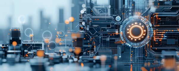 Illustration of a futuristic city where economic policy drives innovation, represented by digital blueprints and tech symbols