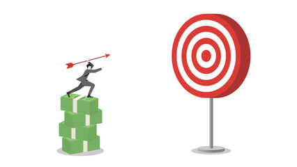 A businessman stands on banknotes stack, aiming and throwing an arrow to a business target. Focus, determination in achieving success and corporate goals. Business ambition and strategic plan concept