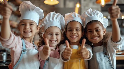 Smiling children wearing chef hats giving thumbs up in a kitchen..