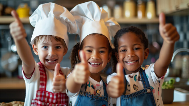 Three smiling children wearing chef hats giving thumbs up in a kitchen.. - Powered by Adobe