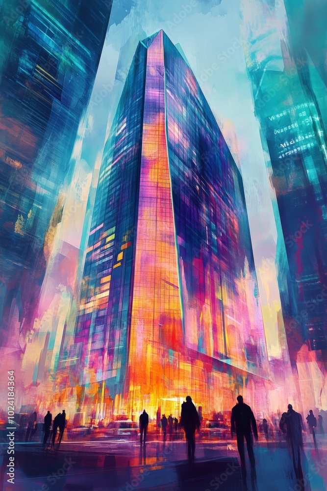 Canvas Prints Futuristic skyscraper depicted in a soft, watercolor style, blending neon colors and fluid forms.